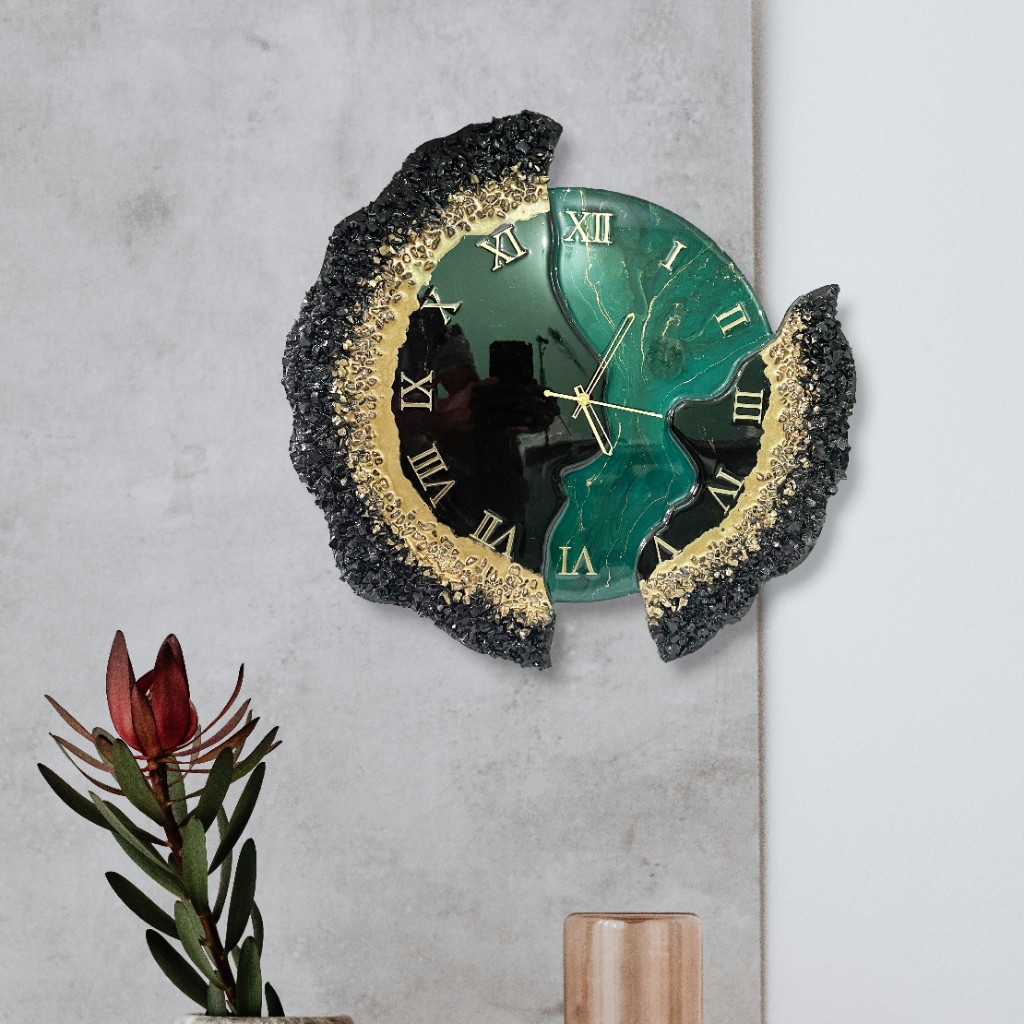 Geode resin wall clock in emerald, black, and gold